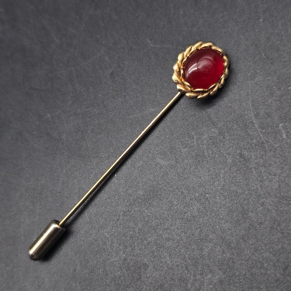 Red Carnelian Gemstone Stick Pin Hat Pin Gold Tone